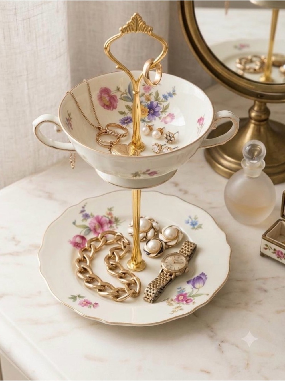 Custom Made Vintage Two-Tier Floral Porcelain Jewelry Stand - Gold & White